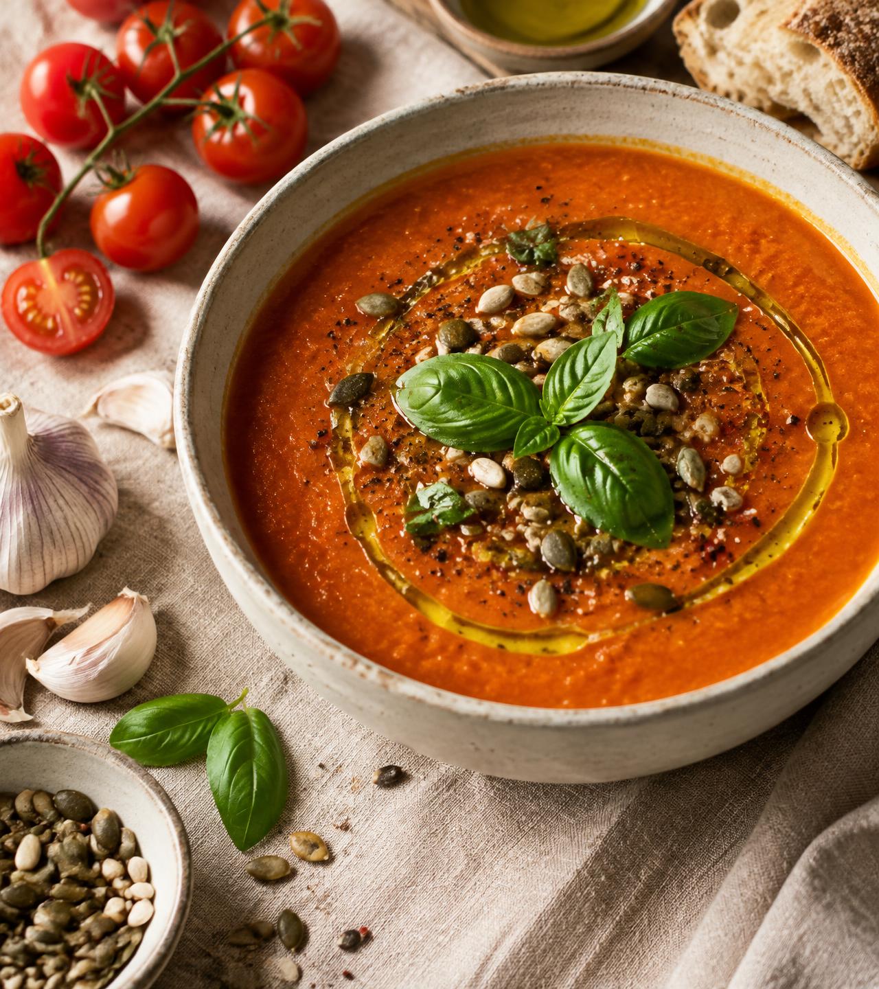 Roasted tomato soup with basil and toasted seeds in a ceramic bowl